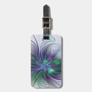 Étiquette À Bagage Fleur verte abstraite moderne fractale violette