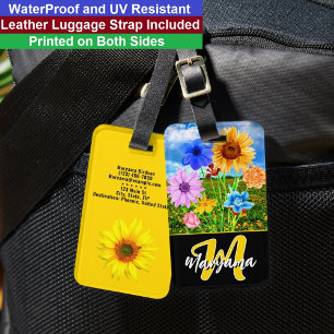 Étiquette À Bagage Fleurs à l'aquarelle Initiale monogramme noir et