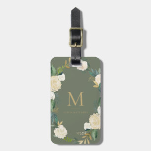 Étiquette À Bagage Fleurs aquarelles avec huile d'or Monogramme vert