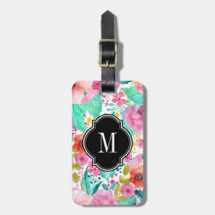 Étiquette À Bagage Fleurs aquarelles colorées Monogramme accent noir