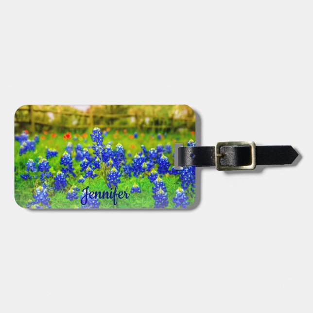 Étiquette À Bagage Fleurs Bleues Élégantes Texas Bluebonnets Moderne (Devant horizontal)