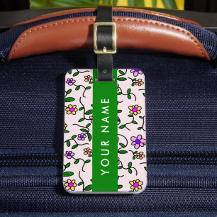 Étiquette À Bagage Fleurs Colorées, Fond Rose, Vert