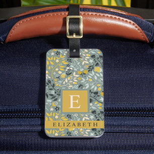 Étiquette À Bagage Fleurs customisées gris vert floral bleu jaune