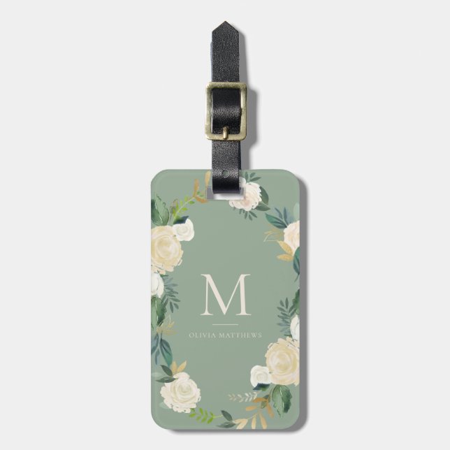 Étiquette À Bagage Fleurs d'aquarelle or huile Monogramme Sage Vert (Devant Vertical)