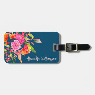 Étiquette À Bagage Fleurs d'aquarelle rose orange Personnalisées ID b