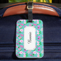 Étiquette À Bagage Fleurs de champs roses sur turquoise