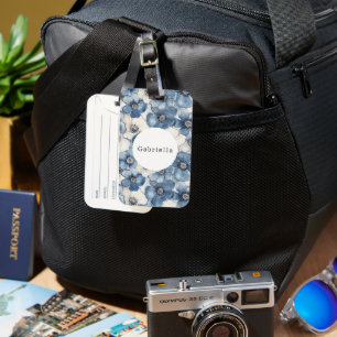 Étiquette À Bagage Fleurs de Denim Bleu Blanc