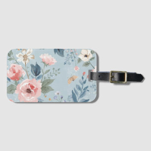 Étiquette À Bagage Fleurs de jardin aquarelle bleu poussiéreux rose