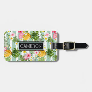 Étiquette À Bagage Fleurs et ananas tropicaux sur les rayures