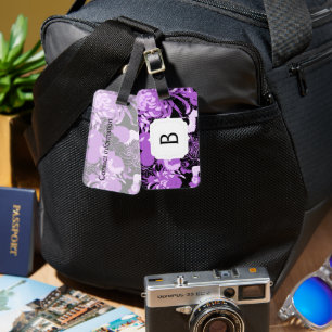Étiquette À Bagage Fleurs et oiseaux noirs et violets vintages Monogr