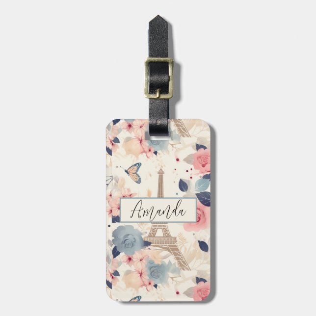 Étiquette À Bagage Fleurs et Tour Eiffel Paris Motif de voyage (Devant Vertical)