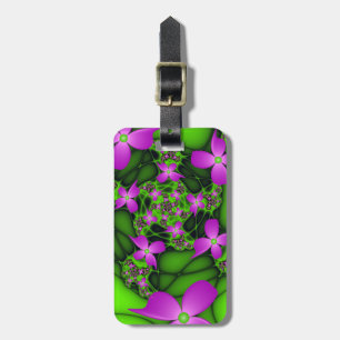 Étiquette À Bagage Fleurs fractales Abstraites de néon rose vert