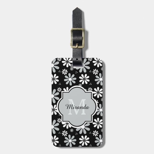 Étiquette À Bagage Fleurs Girly de marguerite blanche de noir de (Devant Vertical)