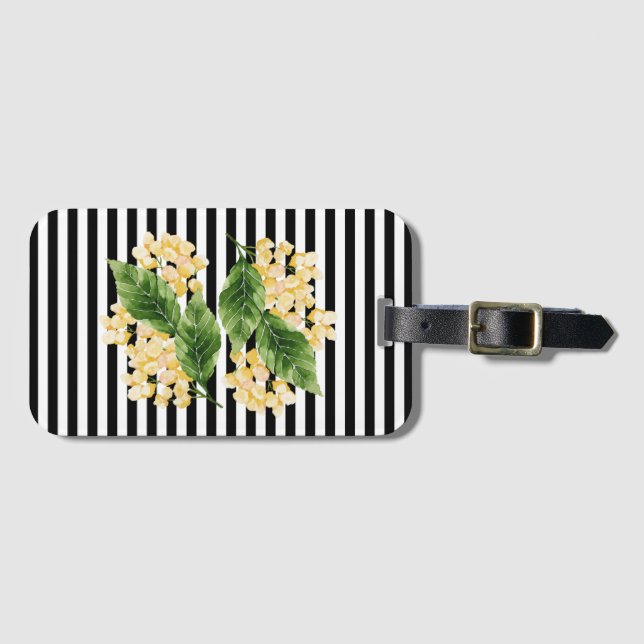 Étiquette À Bagage Fleurs jaunes sur rayures noir et blanc (Devant Horizontal)