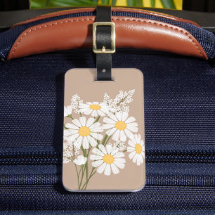 Étiquette À Bagage Fleurs marguerites blanches sur beige