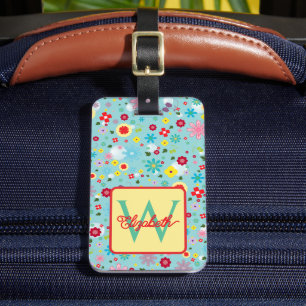 Étiquette À Bagage Fleurs printanières sur monogramme bleu aqua