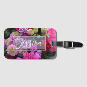 Étiquette À Bagage Fleurs roses et violettes personnalisées