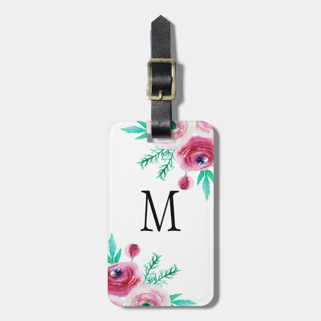 Étiquette À Bagage Fleurs roses Feuilles vertes Design (Devant Vertical)