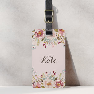 Étiquette À Bagage Fleurs roses luxuriantes Nom personnalisé