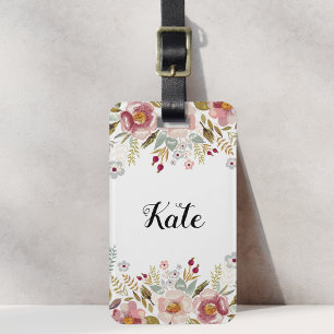Étiquette À Bagage Fleurs roses luxuriantes sur fond blanc avec nom p