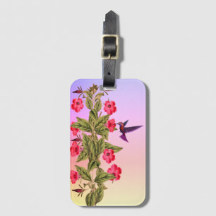 Étiquette À Bagage Fleurs rouges colibris au lever du soleil