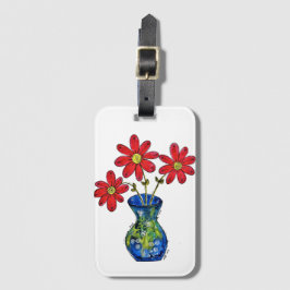 Étiquette À Bagage Fleurs rouges lunaires dans Vase bleu