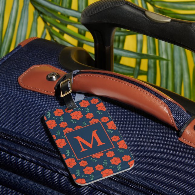 Étiquette À Bagage Fleurs rouges Motif Monogramme bleu foncé (Insitu Rectoal 1)