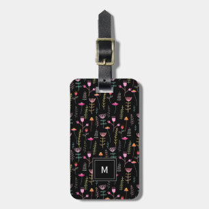 Étiquette À Bagage Fleurs sauvages de néon sur noir,