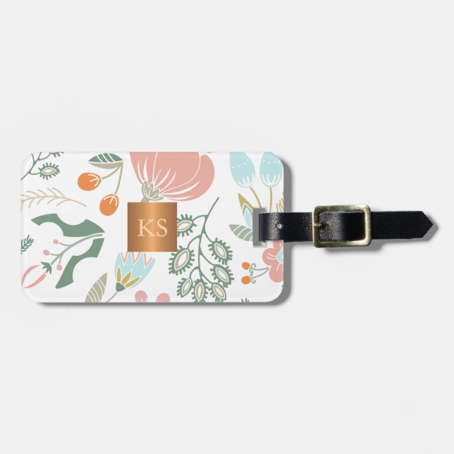 Étiquette À Bagage Fleurs sauvages pastel avec monogramme de cuivre m (Devant horizontal)