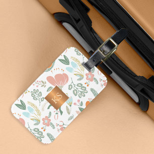 Étiquette À Bagage Fleurs sauvages pastel avec monogramme de cuivre m
