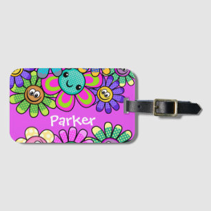 Étiquette À Bagage Fleurs souriantes rose Personnalisées pour enfants