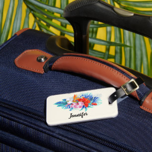 Étiquette À Bagage Fleurs tropicales exotiques en rose et turquoise