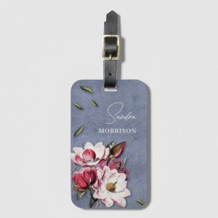 Étiquette À Bagage Fleurs tropicales Monogramme Bleu Poussiéreux Nom