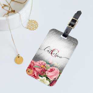 Étiquette À Bagage Fleurs vintages sur nom noir blanc et initiale