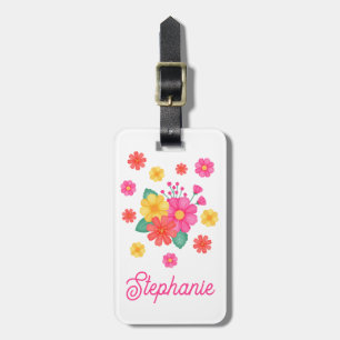Étiquette À Bagage Fleurs Whimsical Texte Personnalisé Monogramme