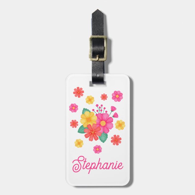 Étiquette À Bagage Fleurs Whimsical Texte Personnalisé Monogramme (Devant Vertical)