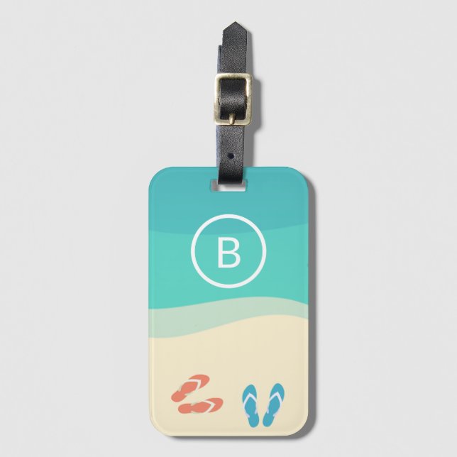 Étiquette À Bagage Flip Flops sur Sandy Beach Monogramme Art minimali (Devant Vertical)