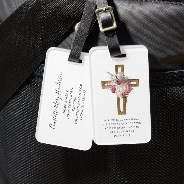 Étiquette À Bagage Floral Boho Croix chrétienne Bible religieuse Vers (Floral Boho Christian Cross Religious Bible Verse Luggage Tag)