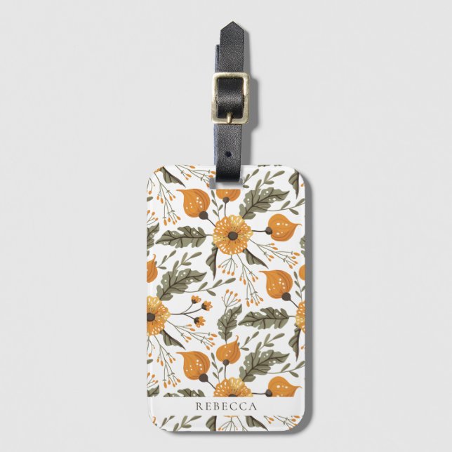 Étiquette À Bagage Floral Botanique Motif Blanc Golden Personnalisé N (Devant Vertical)