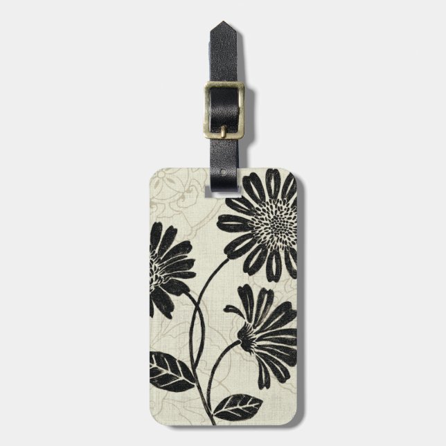Étiquette À Bagage Floral contemporain en noir et blanc (Devant Vertical)