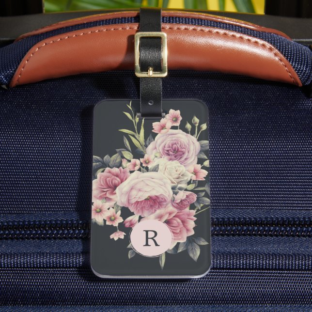 Étiquette À Bagage Floral foncé sur noir | Monogramme (Insitu Rectoal 2)