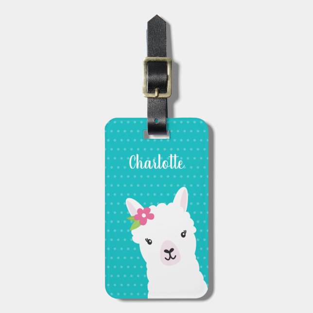 Étiquette À Bagage Floral Llama Alpaca Turquoise Personnalisé (Devant Vertical)