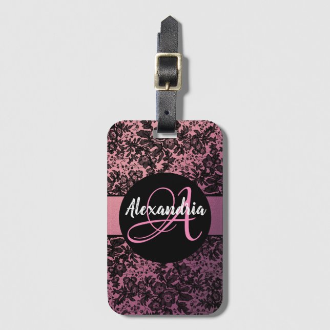 Étiquette À Bagage Floral Moody foncé sur Monogramme rose (Devant Vertical)