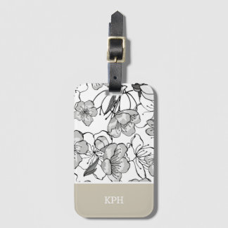 Étiquette À Bagage Floral Noir, Blanc et Tan avec Monogramme