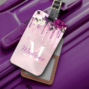 Étiquette À Bagage Floral Purple rose goutte parties scintillant mono