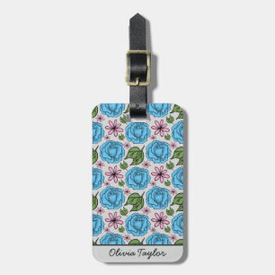 Étiquette À Bagage Floral sans couture motif bleu & rose personnalisé