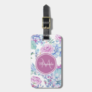 Étiquette À Bagage Floral succulent pourpre et bleu élégant avec le