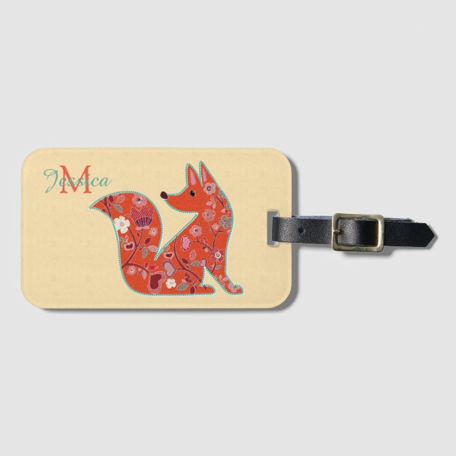 Étiquette À Bagage Folk Art Flower Motif Fox personnalisé (Devant Horizontal)