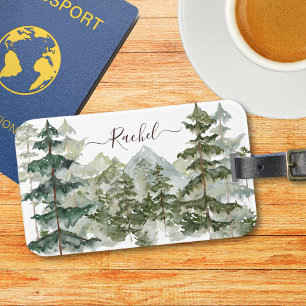 Étiquette À Bagage Forêt de pins et montagne rustique aquarelle