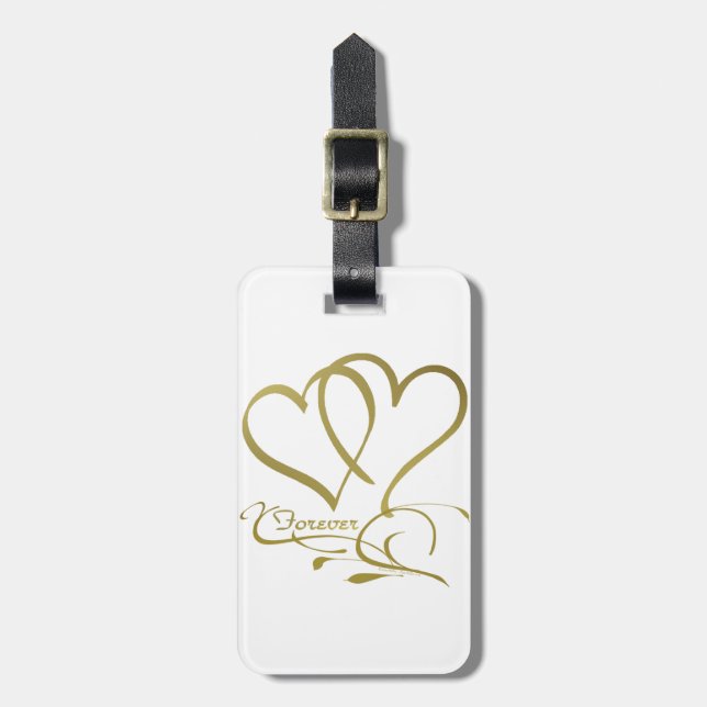 Étiquette À Bagage Forever Hearts Gold sur blanc (Devant Vertical)